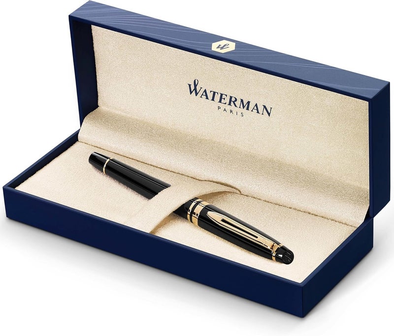Waterman Expert Rollerball Pen in Gloss Black with 23K Gold Trim - Fine Point with Black Ink Cartridge, Gift Box - Image 1